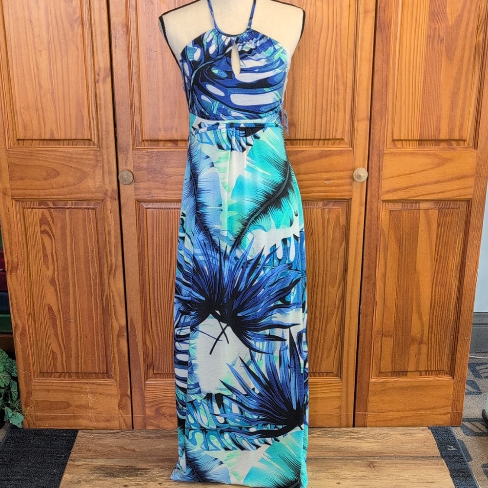 Charlotte Russe NWT Tropical Blue and Black Maxi Halter Dress M           CC201